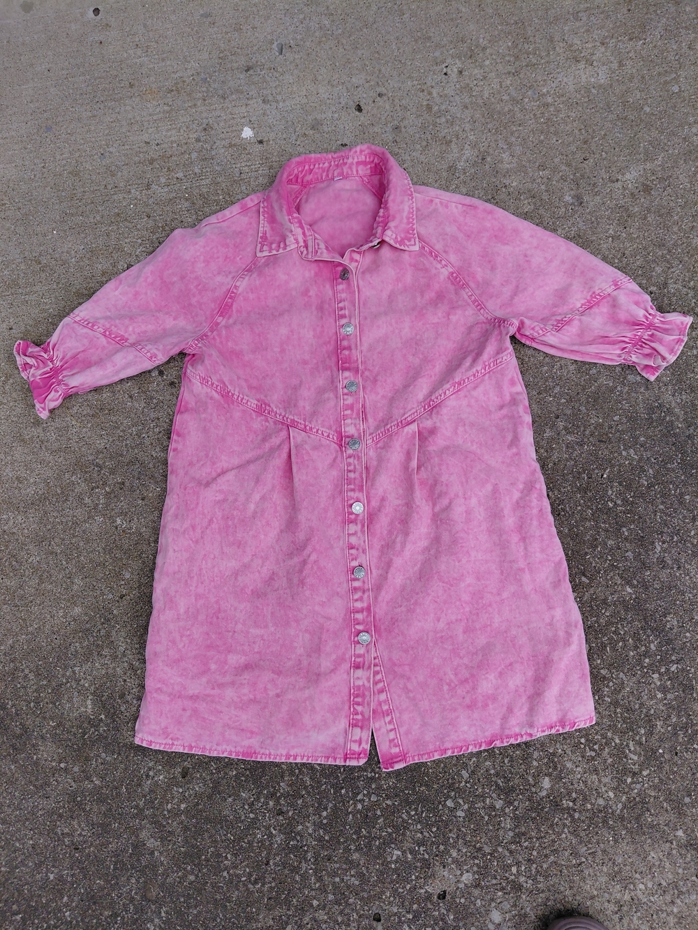 Pink Button-Front Women's Acid Wash Dress